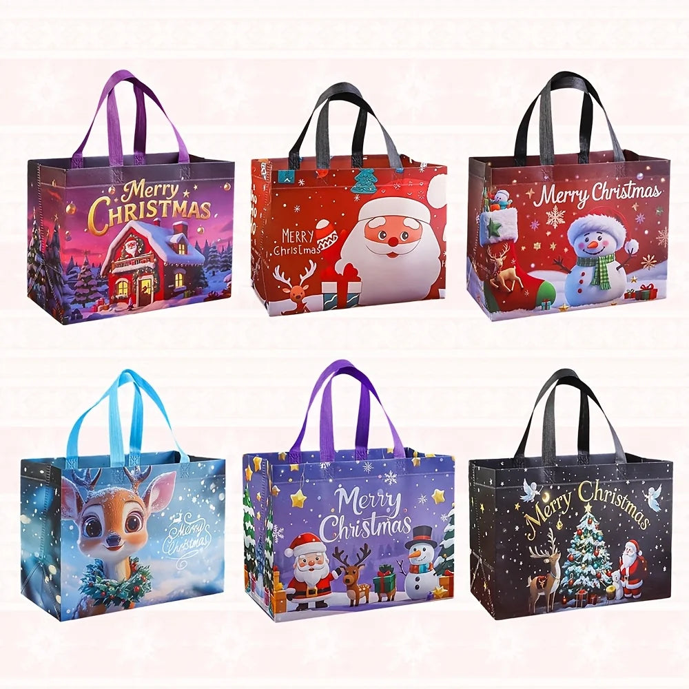 A set of six reusable non-woven Christmas gift bags featuring festive designs and handles.