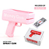 Pink Money Gun toy replica shown with its packaging box