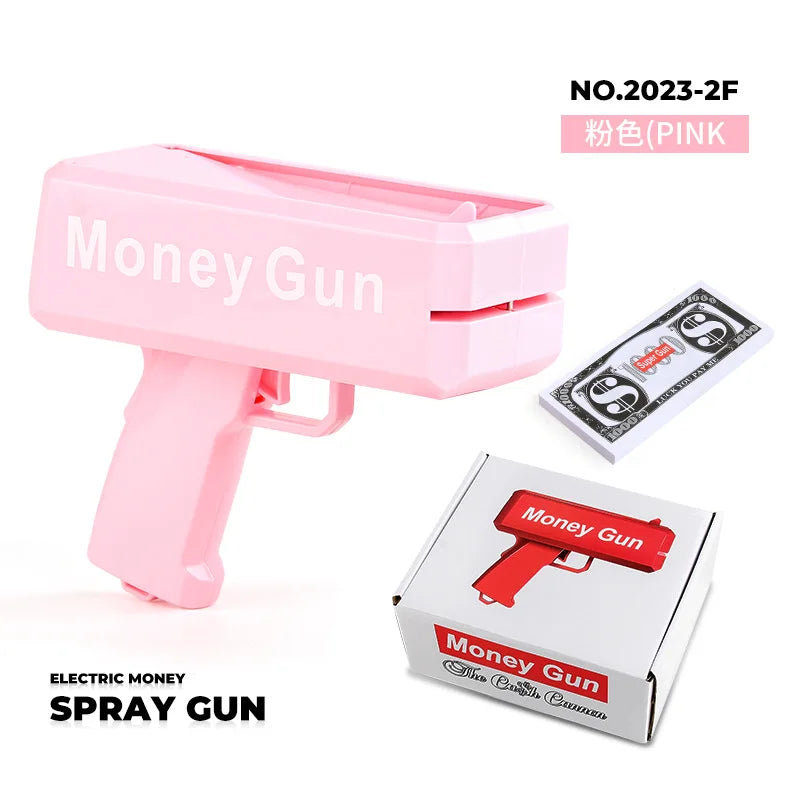 Pink Money Gun toy replica shown with its packaging box
