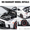 Details of an M8 Manhart model showing the engine bay and exterior features.