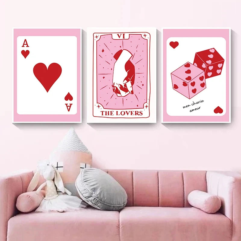 A set of three pink tarot card art prints featuring the Lovers card, including a heart and a box design.