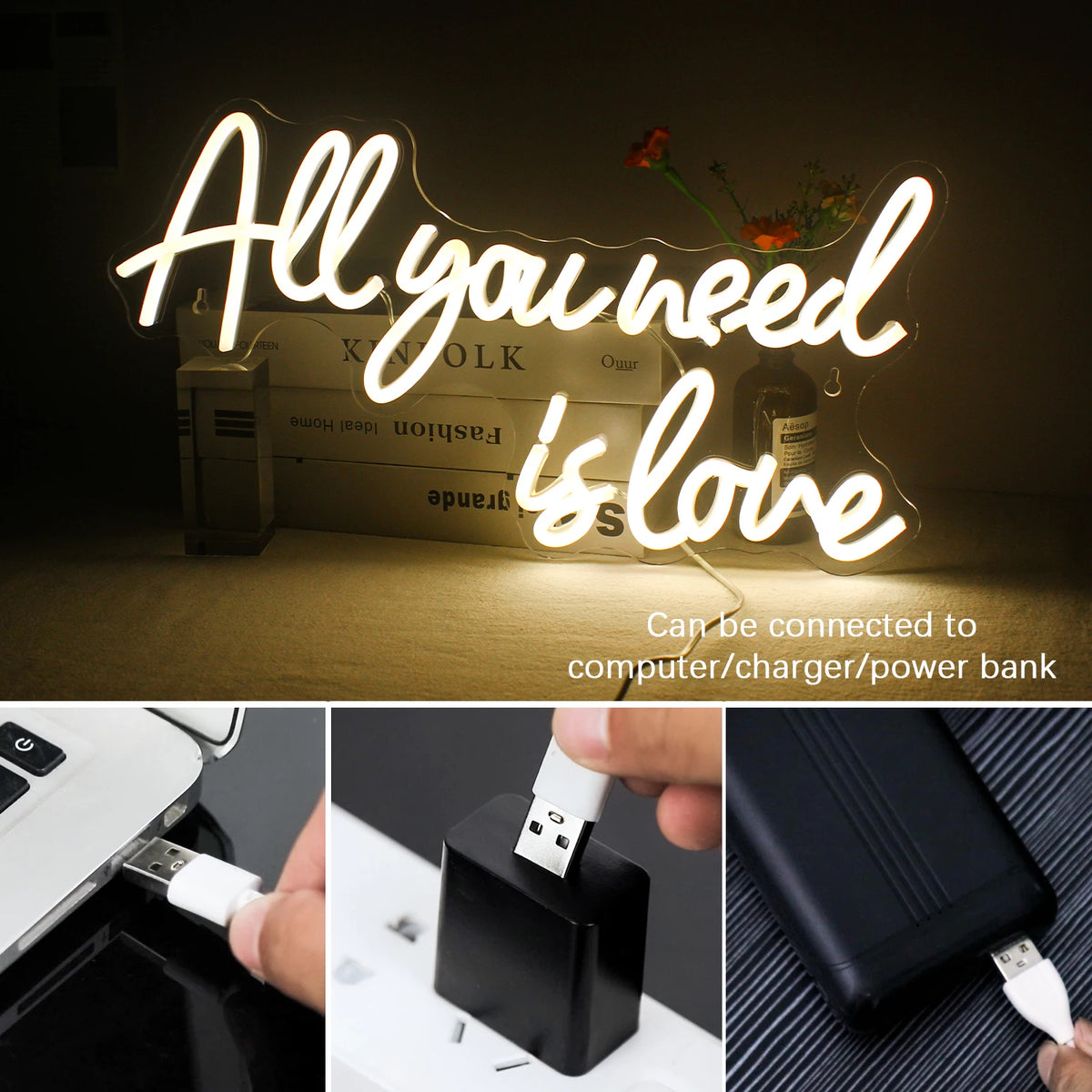 A neon sign spelling out All you need is love with warm LED lights shown alongside various charging cables and power banks.
