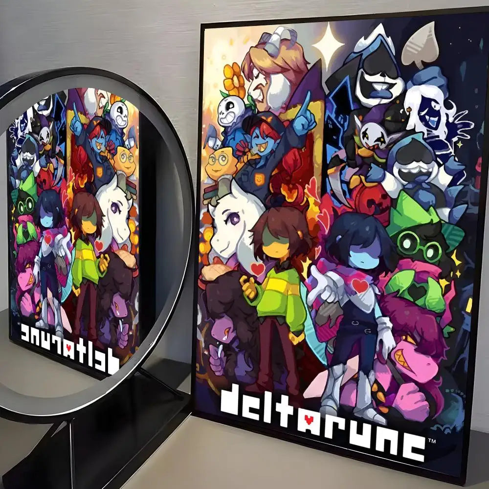 A poster featuring characters from Deltarune in a vibrant, colorful style.