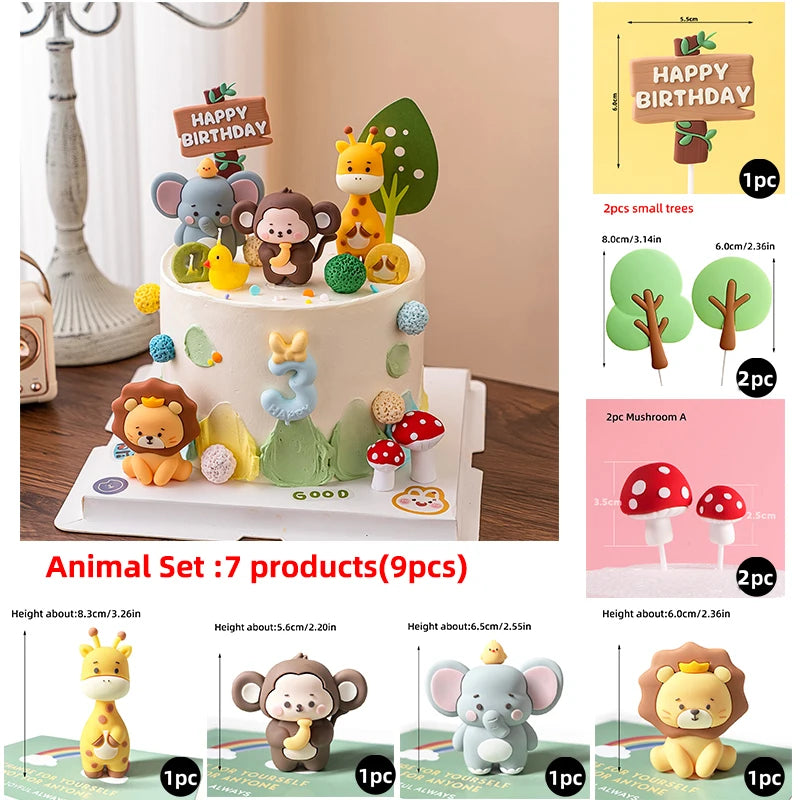 A set of seven animal cake toppers including a yellow giraffe, elephant, monkey, and lion, displayed on a white cake.