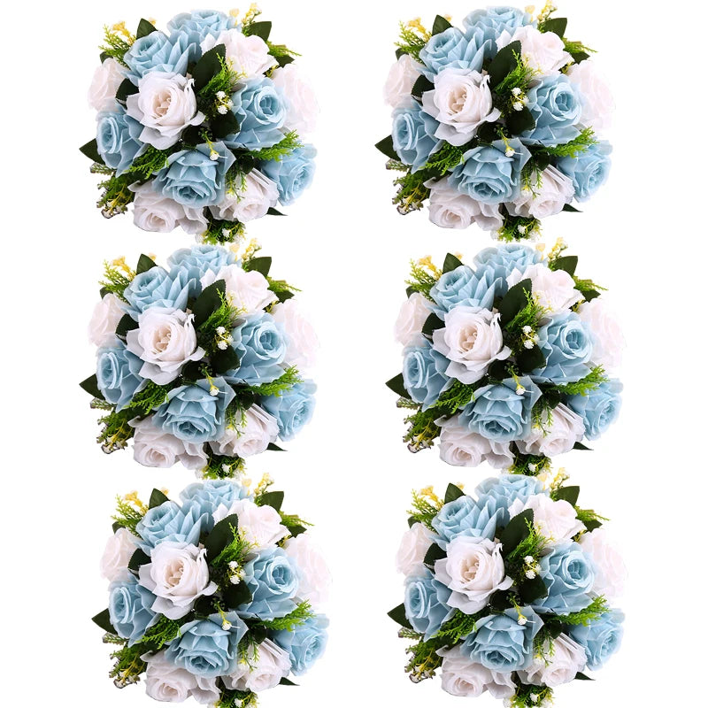 A set of six bouquets featuring light blue and white silk artificial roses and greenery.
