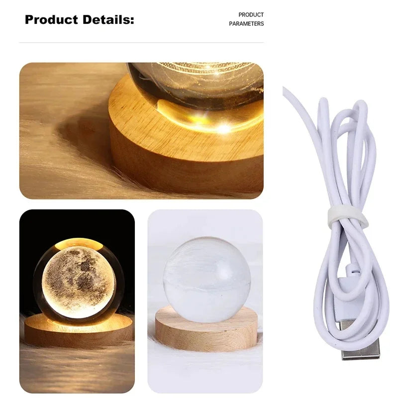 A wooden base holds a glowing crystal ball decoration with a light source, shown alongside the unlit glass sphere and its whi