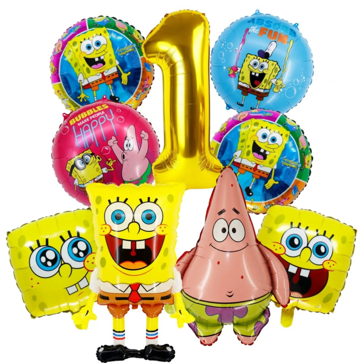 A set of nine SpongeBob SquarePants themed foil balloons, including a large number one balloon and various character-themed b