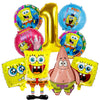 A set of nine SpongeBob SquarePants themed foil balloons, including a large number one balloon and various character-themed b