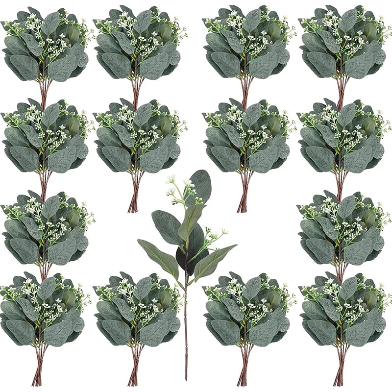 A set of artificial eucalyptus stems with silvery-green leaves and white flowers.