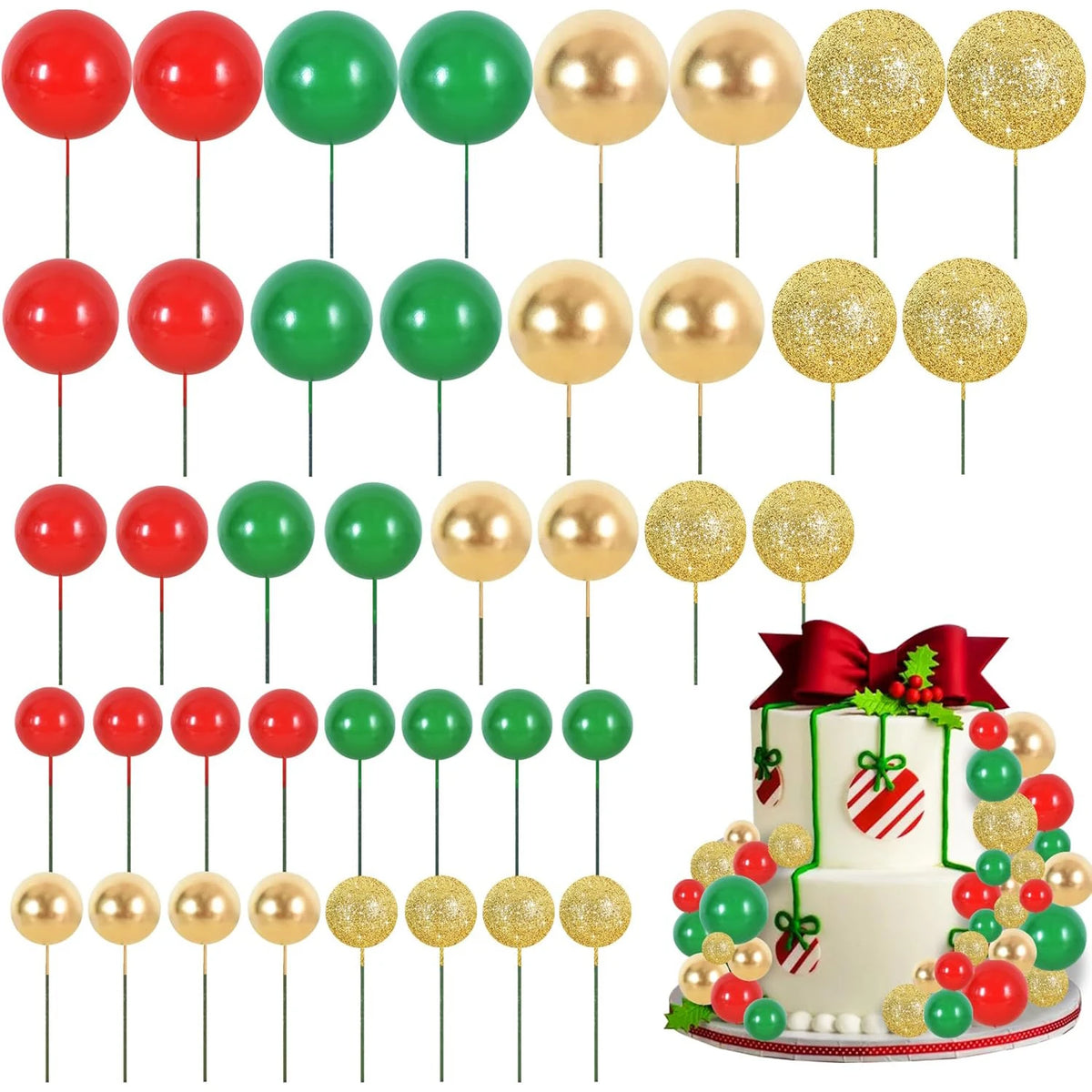 A set of colorful foam ball cake toppers in various colors including red, green, and gold.