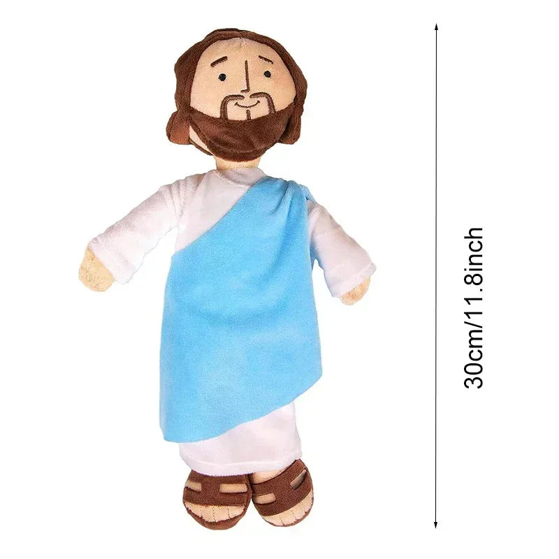 A plush doll depicting Jesus and the Virgin Mary with brown hair and beard, wearing white and blue robes.