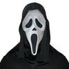 A realistic ghost face mask with a black hood and an open mouth expression.
