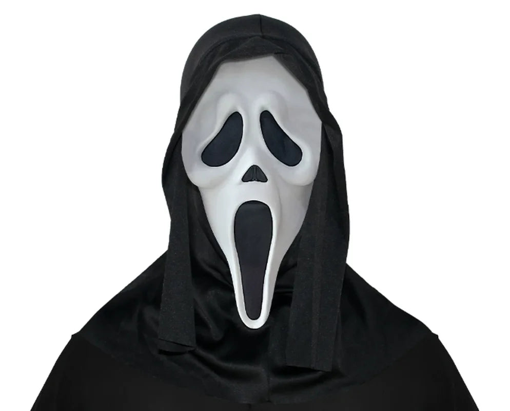 A realistic ghost face mask with a black hood and an open mouth expression.