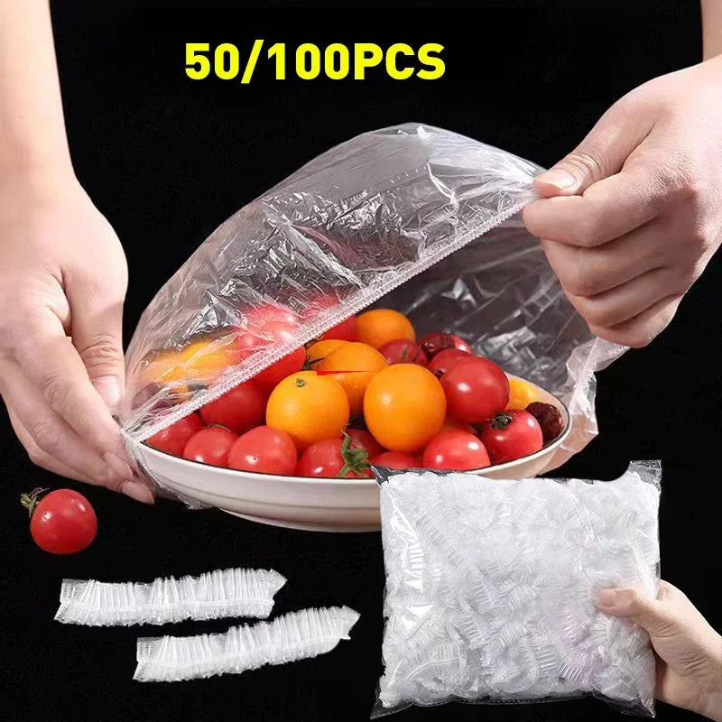 Hands are holding a clear plastic bag filled with fresh tomatoes and other produce, demonstrating reusable elastic food cover
