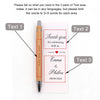 A set of personalized engraved bamboo pens with thank you cards featuring short messages for a celebration.