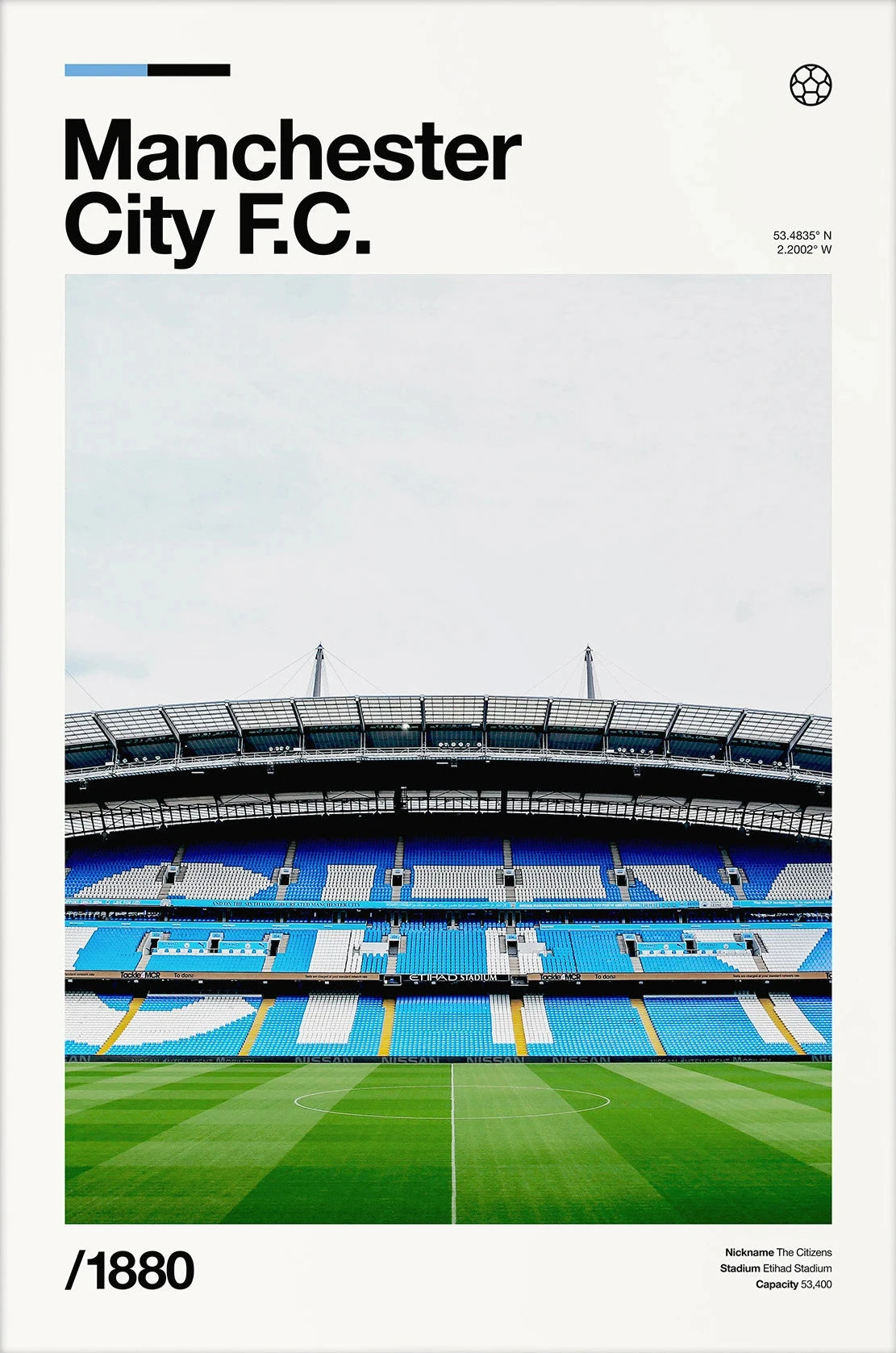 A panoramic view of Anfield stadium stands and pitch for Manchester City F.C.