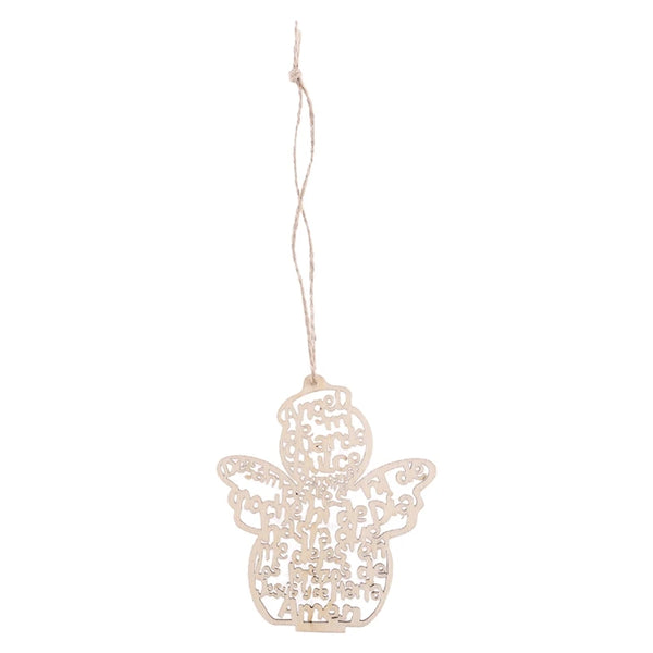 A wooden angel ornament with a hemp rope hanging from it.