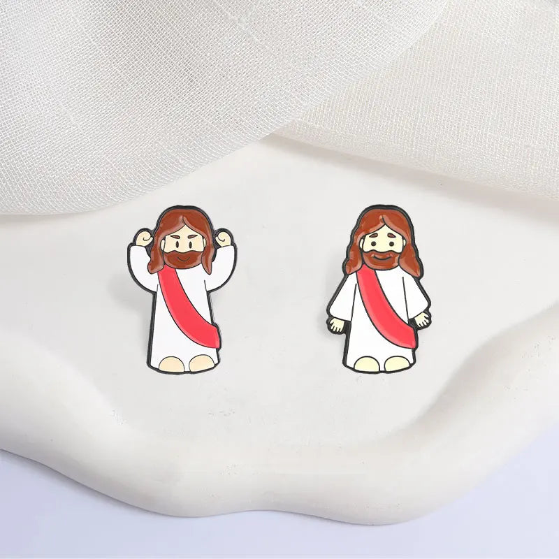 Jesus enamel lapel pin featuring a depiction of Jesus with long brown hair and a red sash