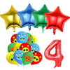 A set of colorful foil balloons and a red number balloon for a birthday party