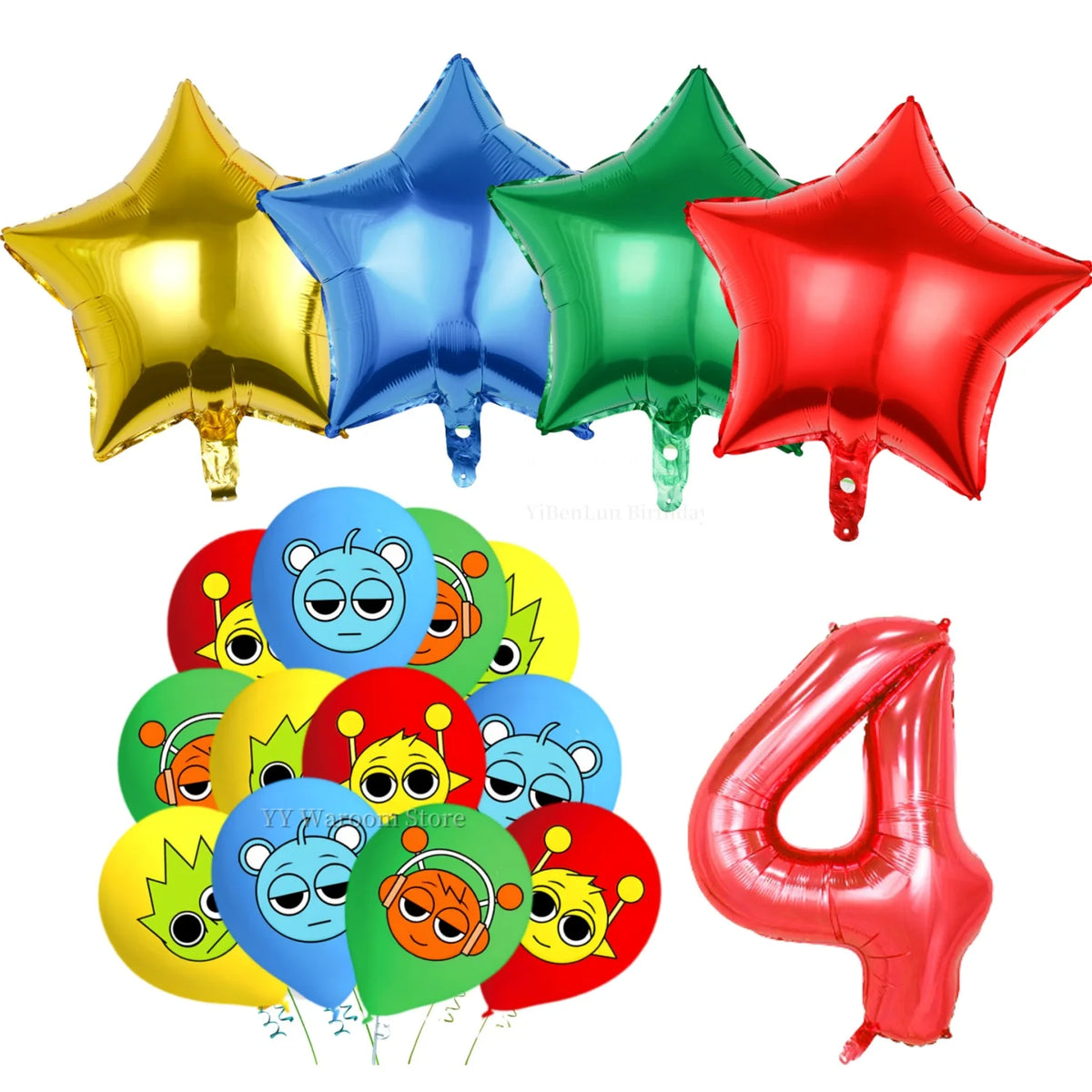 A set of colorful foil balloons and a red number balloon for a birthday party