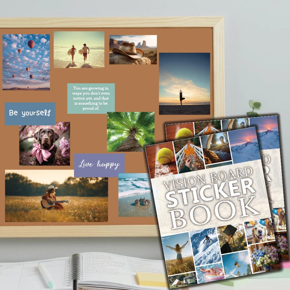 A vision board sticker book featuring inspirational stickers, quotes, and images for personal goals.