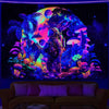A vibrant tapestry featuring an alien landscape with glowing mushrooms and a space helmet against a dark, cosmic background.