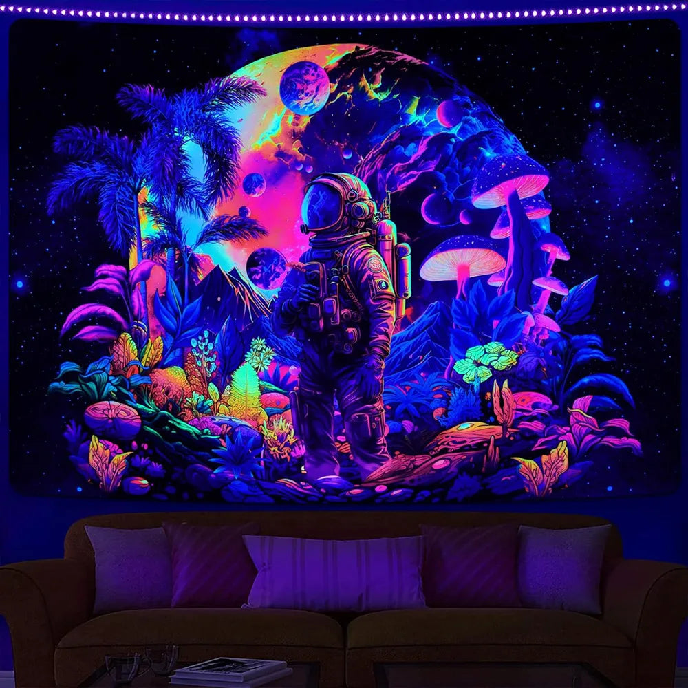 A vibrant tapestry featuring an alien landscape with glowing mushrooms and a space helmet against a dark, cosmic background.