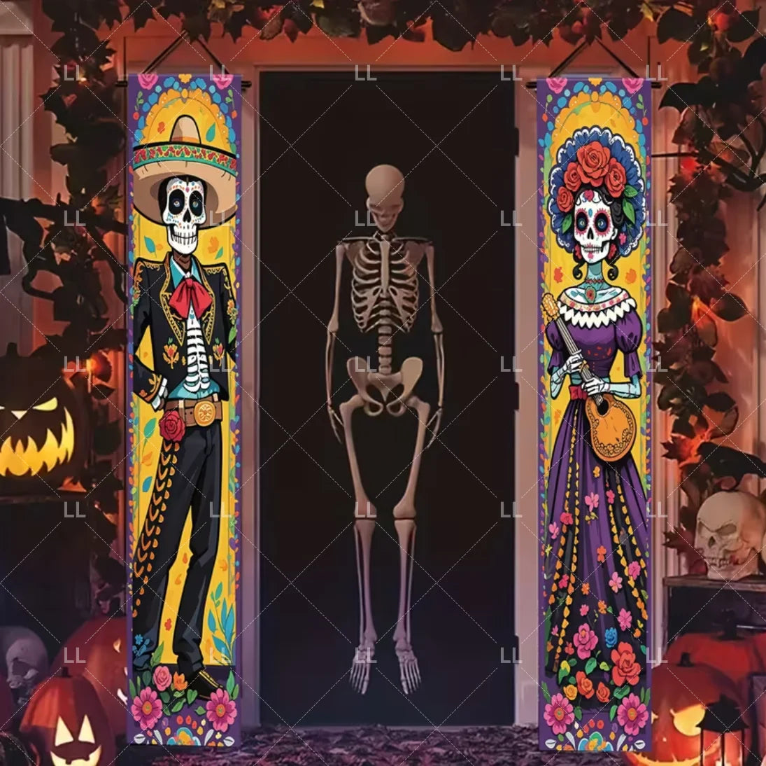 A vertical banner featuring a skull and skeleton figure with floral motifs, displayed in a dark doorway.