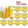 A set of 50 elegant disposable plastic champagne flutes in gold color, including a large goblet and individual glasses.