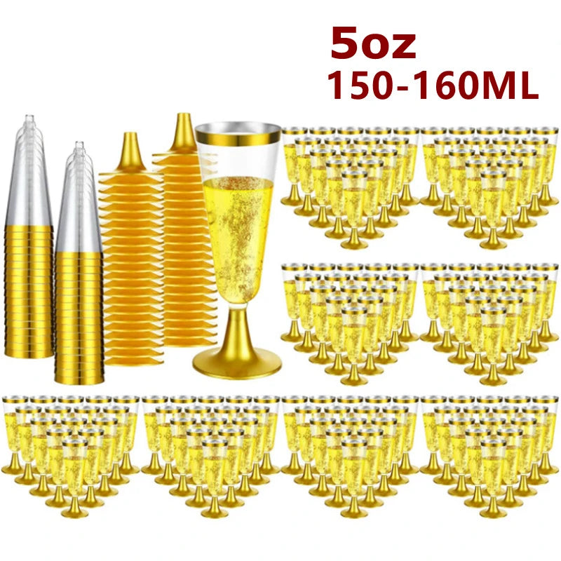 A set of 50 elegant disposable plastic champagne flutes in gold color, including a large goblet and individual glasses.
