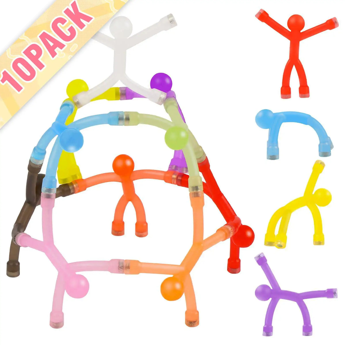 A set of ten colorful humanoid silicone magnets for office and locker decoration.