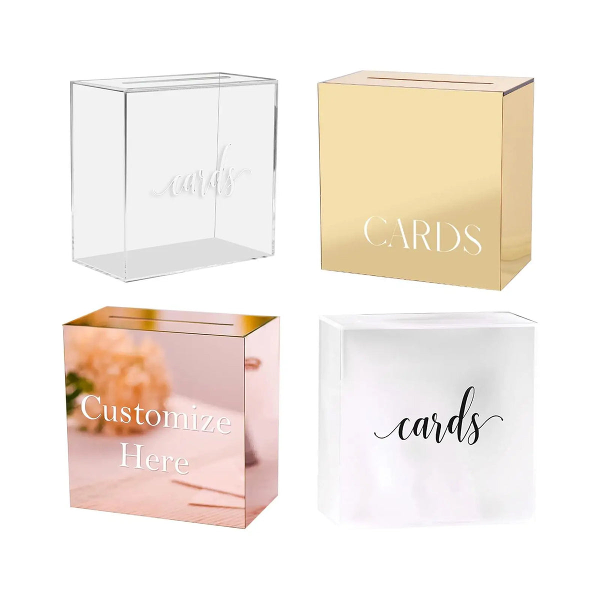 A set of four clear and gold acrylic gift boxes for cards, including a pink customized box and a white box.