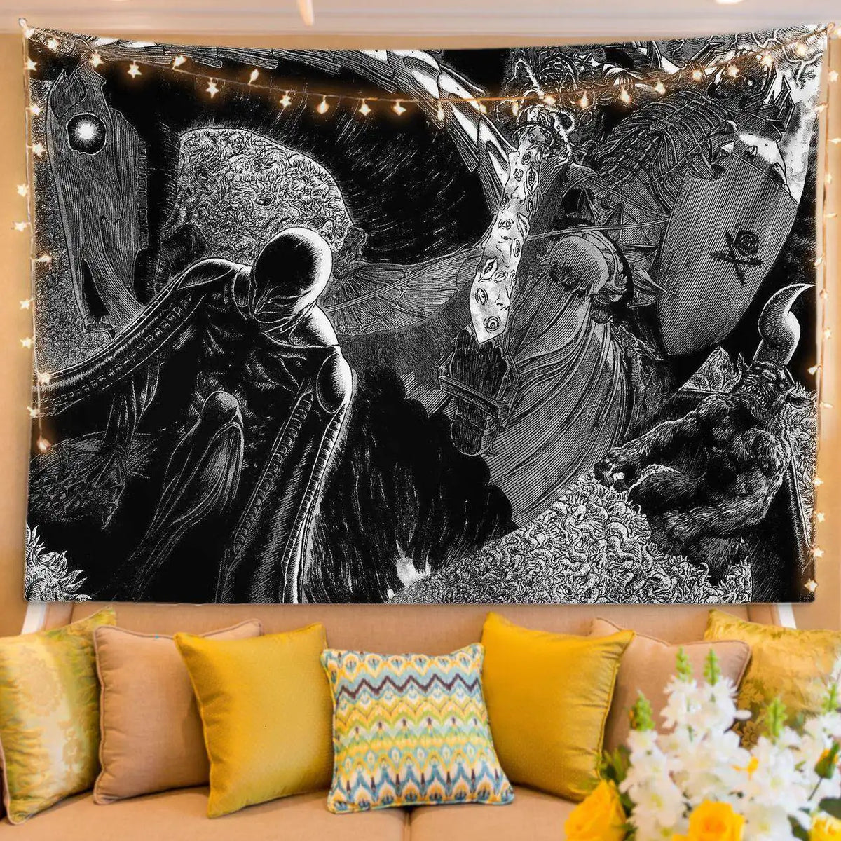 A dark, dramatic manga art tapestry featuring characters from Berserk for bedroom decor.