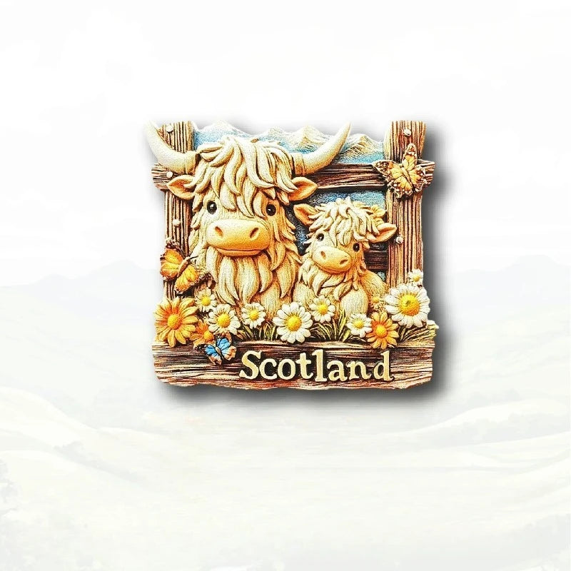A wooden sign featuring two shaggy Highland cows and flowers with the word Scotland carved on it.