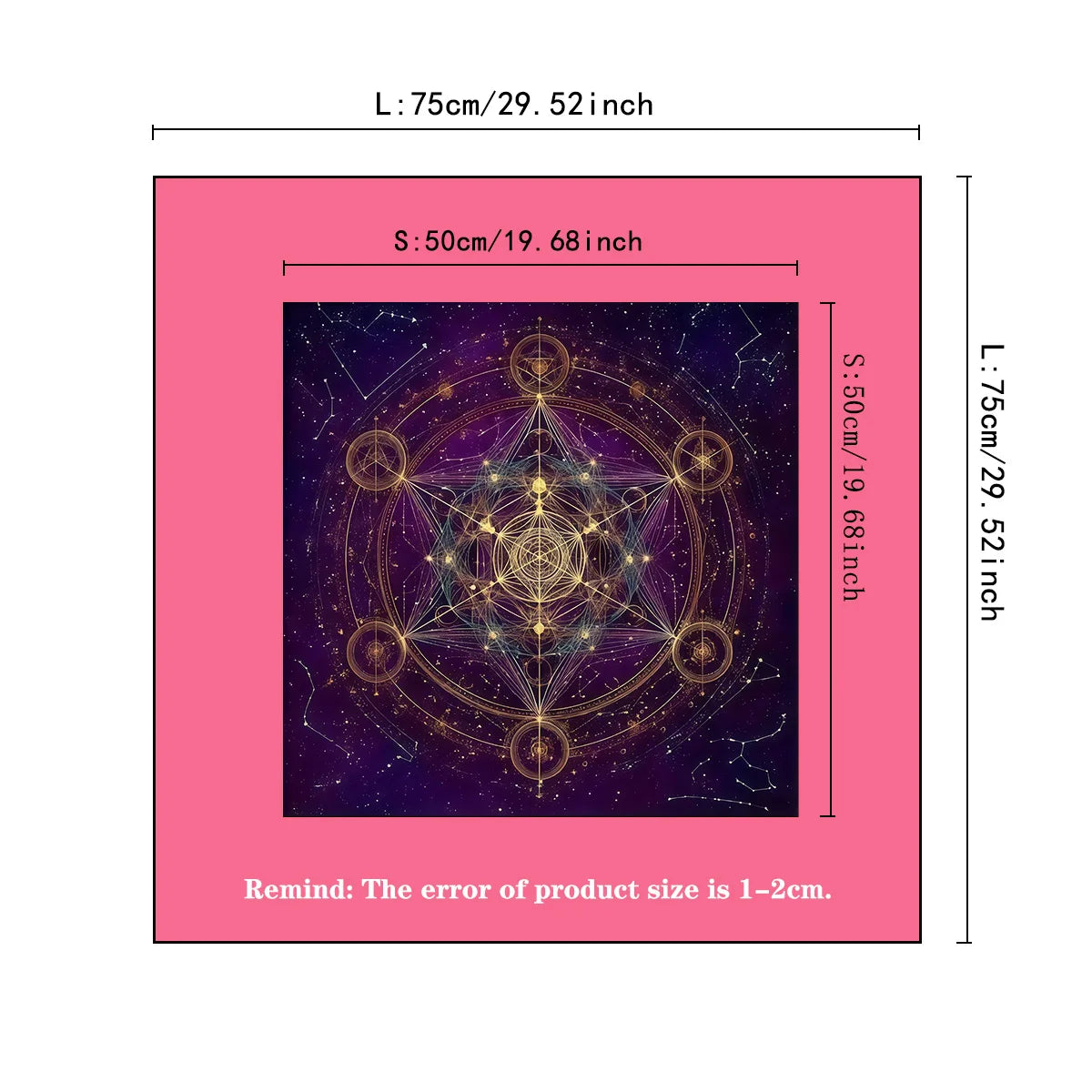 A square pink altar cloth with dimensions 75cm x 50cm, featuring a detailed sacred geometry design.