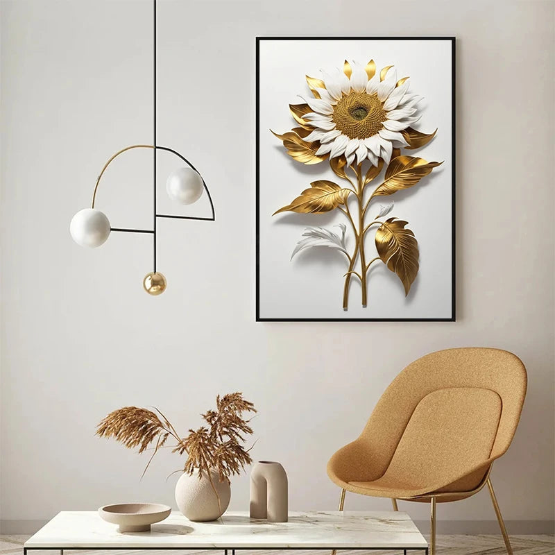 Una pieza de arte enmarcada con un girasol dorado y pétalos blancos contra un fondo blanco.
