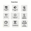 Icons illustrating the functions of a digital alarm clock including Day of Week Display, Wall-mounted/Table display, Dual Ala