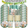 A set of safari jungle themed party tableware including banners plates cups and napkins with animal designs
