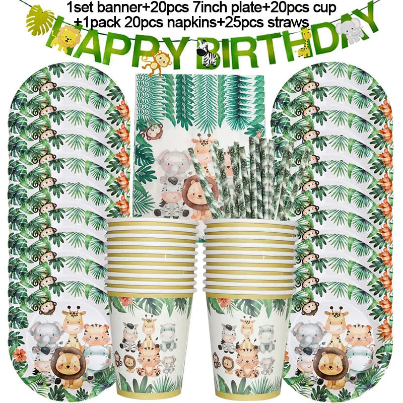 A set of safari jungle themed party tableware including banners plates cups and napkins with animal designs