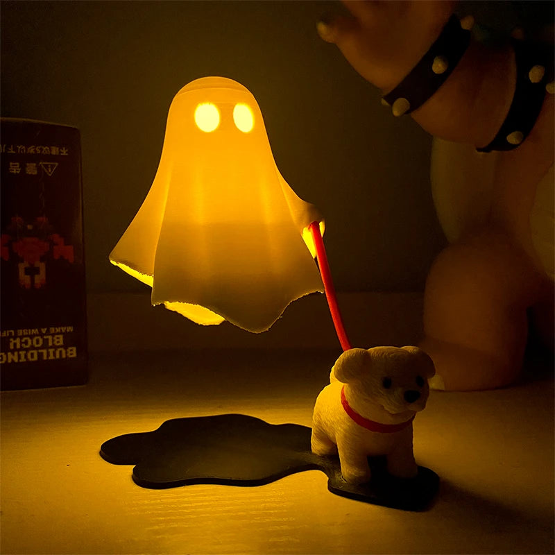 A yellow ghost light illuminates a small white dog figurine on a dark surface.