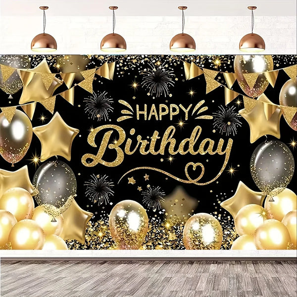 Elegant black and gold birthday party backdrop featuring balloons, confetti, and gold streamers.