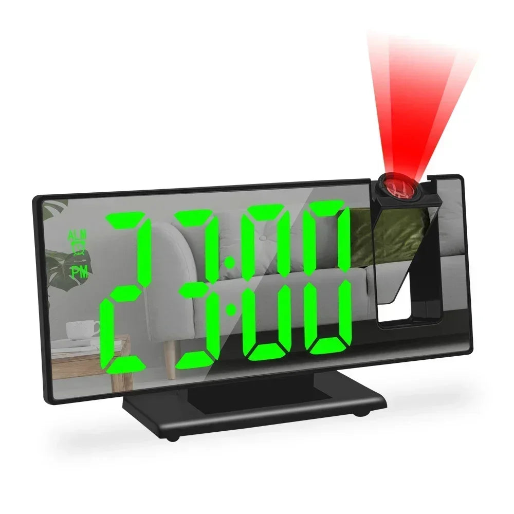 A digital projection alarm clock displaying 23:00 and featuring a red light beam.