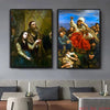 A pair of oil paintings depicting historical or mythological scenes, displayed on a wall above a sofa.