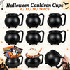 Black Halloween cauldron mugs shown in various sizes with candy and treats
