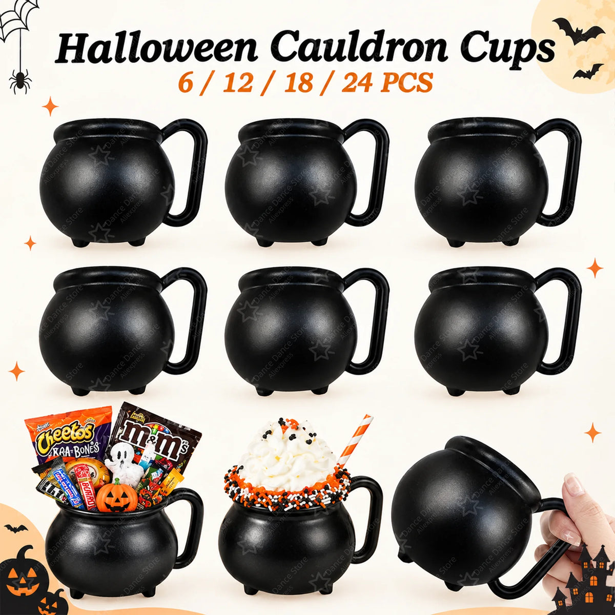 Black Halloween cauldron mugs shown in various sizes with candy and treats