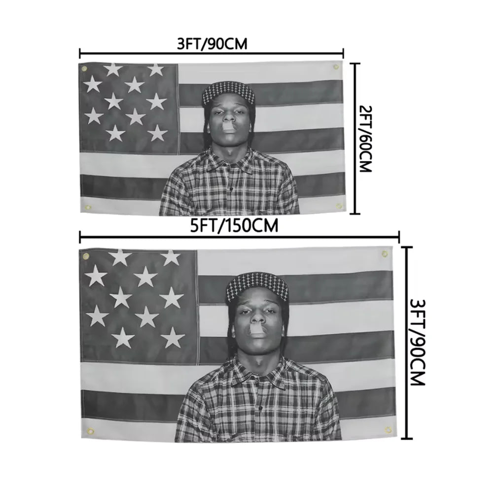 A black and white poster featuring a man in a plaid shirt against an American flag background.