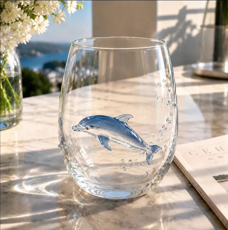 A clear glass wine glass filled with water features a sculpted blue-ringed octopus design on a marble surface.