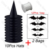 A set of 10 black witch hats with hanging ropes and two bags for Halloween decoration.