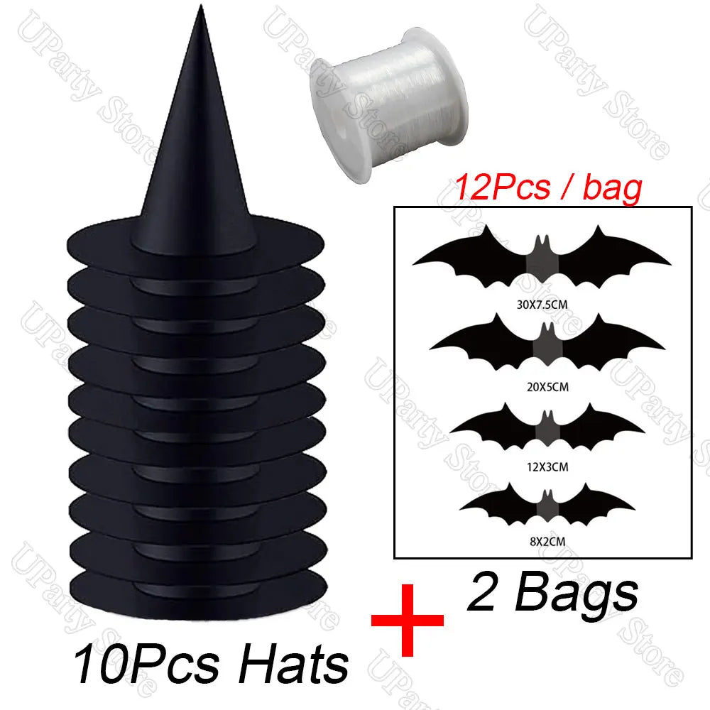 A set of 10 black witch hats with hanging ropes and two bags for Halloween decoration.