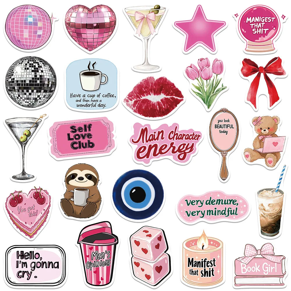 A collection of pink inspirational girl stickers featuring various themes like hearts, stars, and coffee cups.